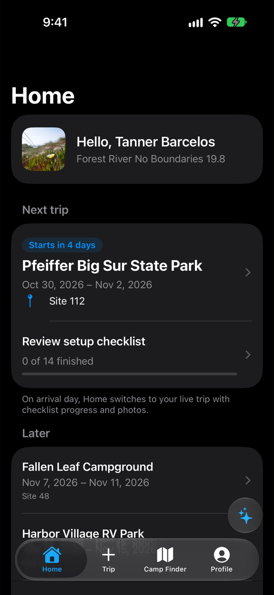 RoamReady Home screen showing the next trip, checklist progress, and upcoming trips